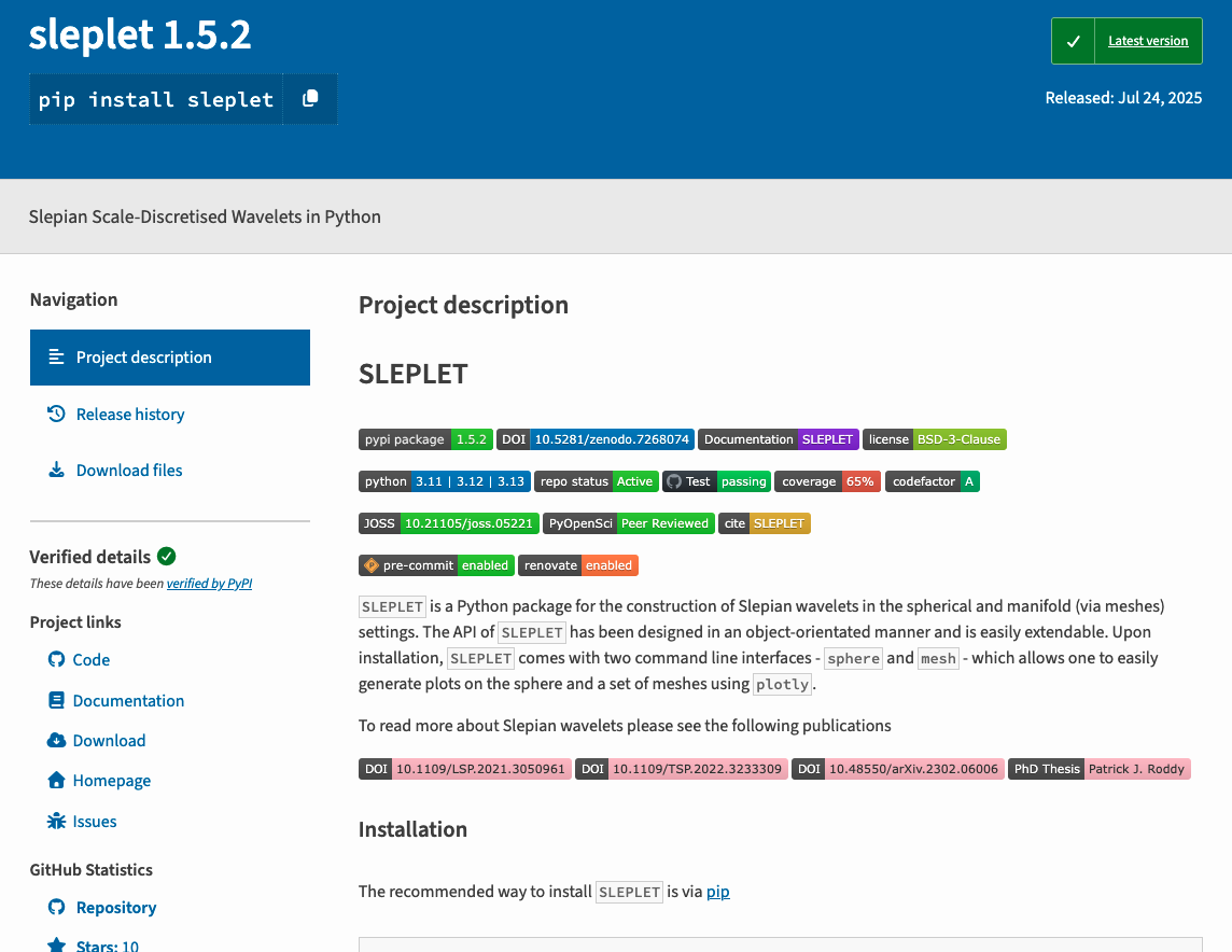 Top half of the SLEPLET PYPI page.