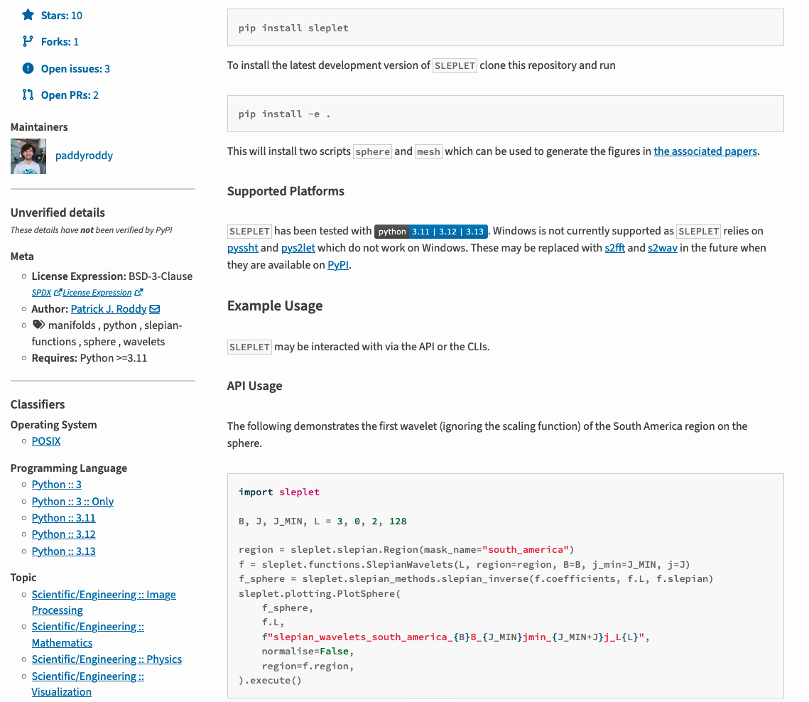 Bottom half of the SLEPLET PYPI page.