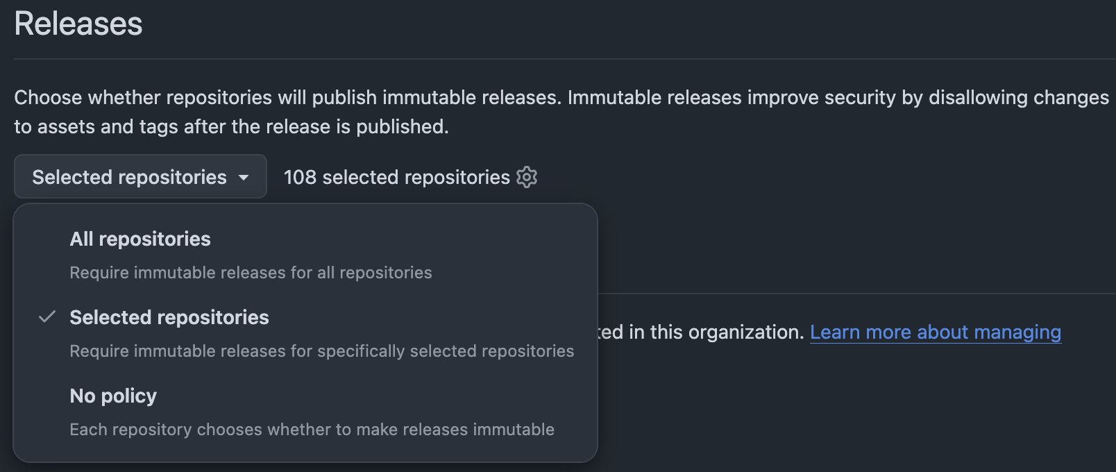 Enabling immutable releases for a GitHub organisation.